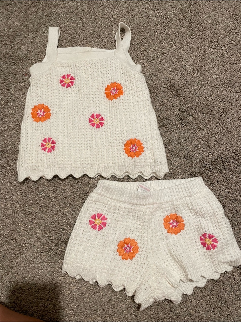 C&C California Cream Crochet Tank & Shorts Set with Pink and Orange Flowers